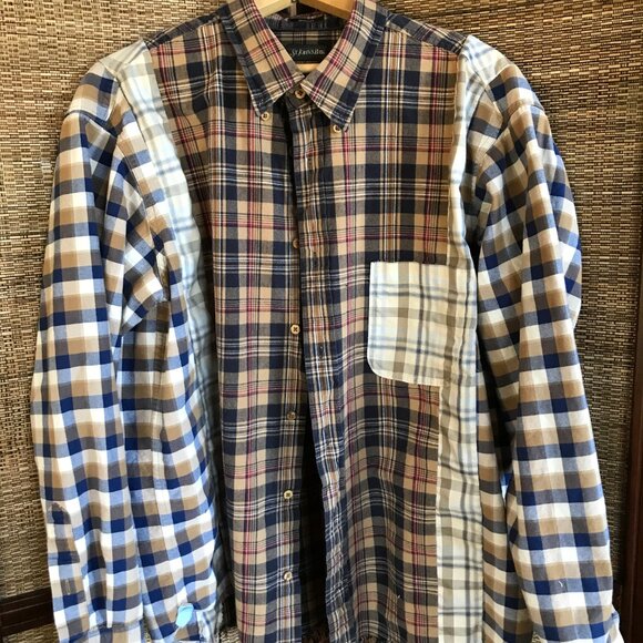 Mixed Print Button-Down Shirt, M-L: Upcycled Boho Patchwork Top, Autumn Colors - Picture 8 of 12